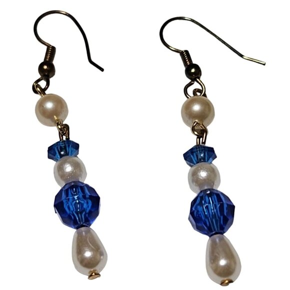 Elegant Handcrafted Blue Crystal Faux Pearl Dangle Earrings Fashion Jewelry - Picture 2 of 4